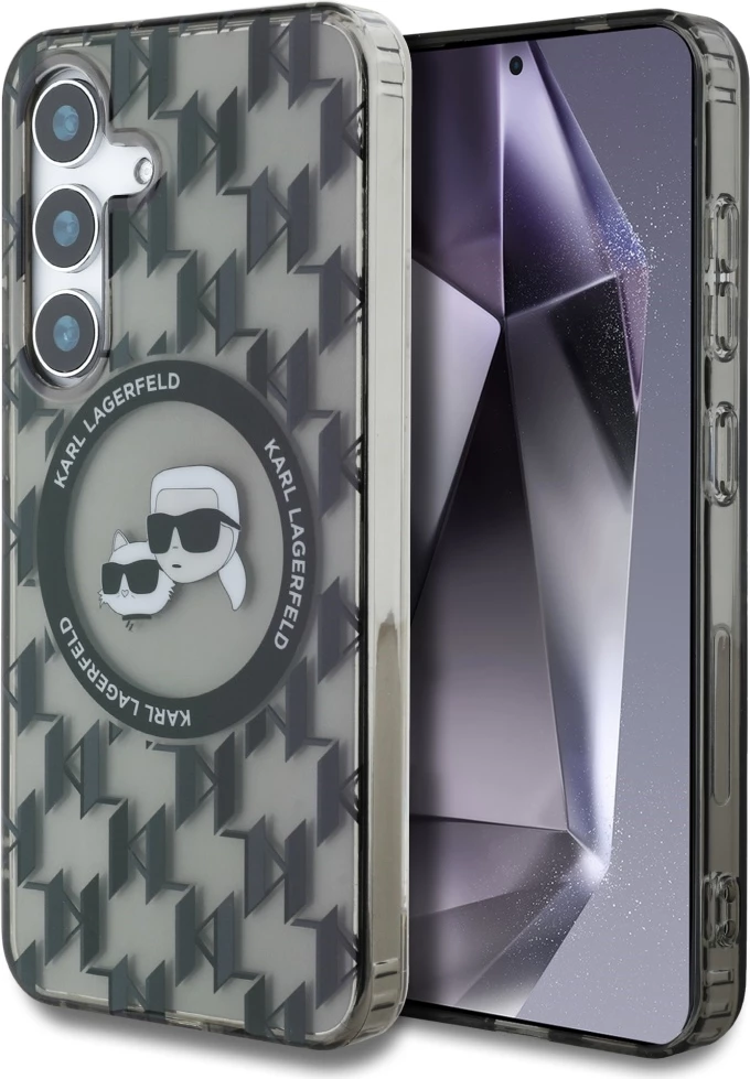 Mbështjellës Karl Lagerfeld Button Karl&Choupette Heads On KL Pattern MagSafe për Samsung Galaxy S25, zi