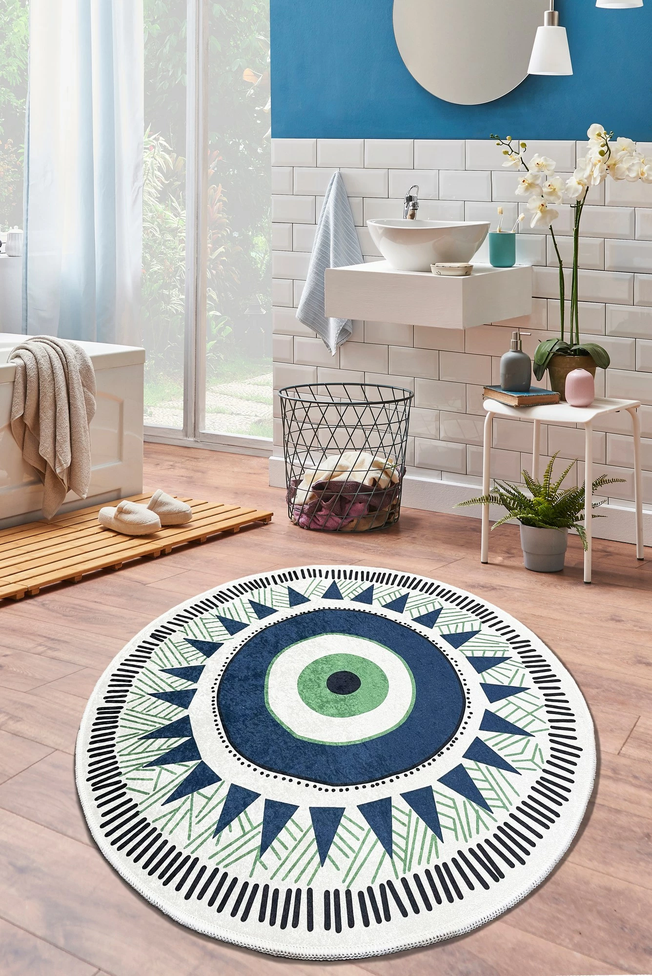 Tapet për banjo Mijölnir, Occhio, 200 cm, gri, kaltër e errët, i gjelbër