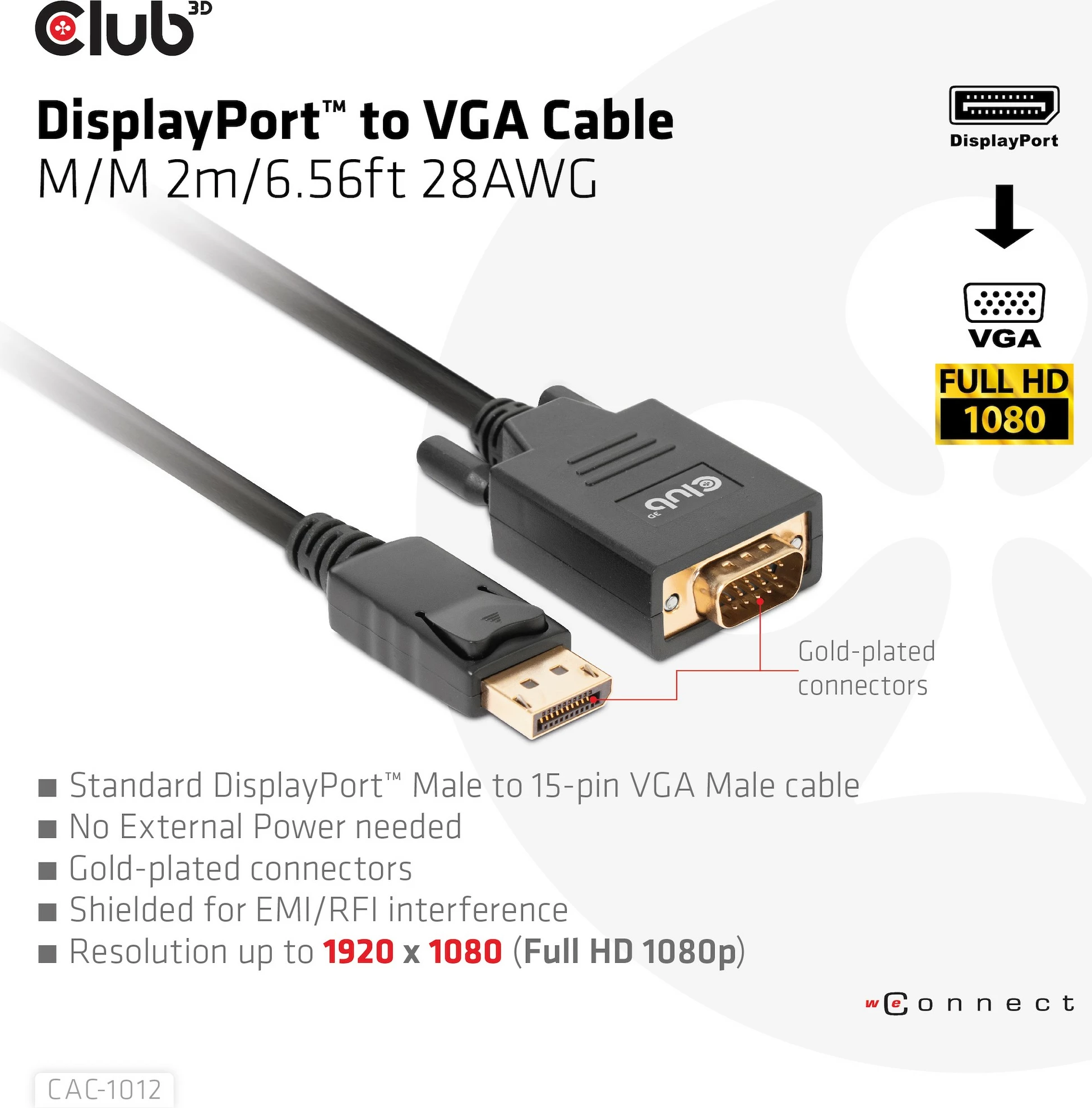 Kabllo DisplayPort në VGA Club3D 2m, e zezë