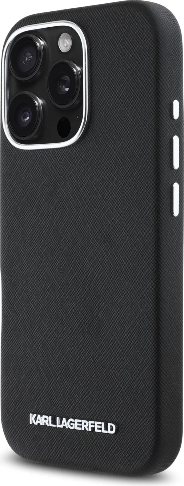 Mbështjellës Karl Lagerfeld Saffiano Full Wrapped Elongated Metal Logo MagSafe për iPhone 16 Pro, Zi