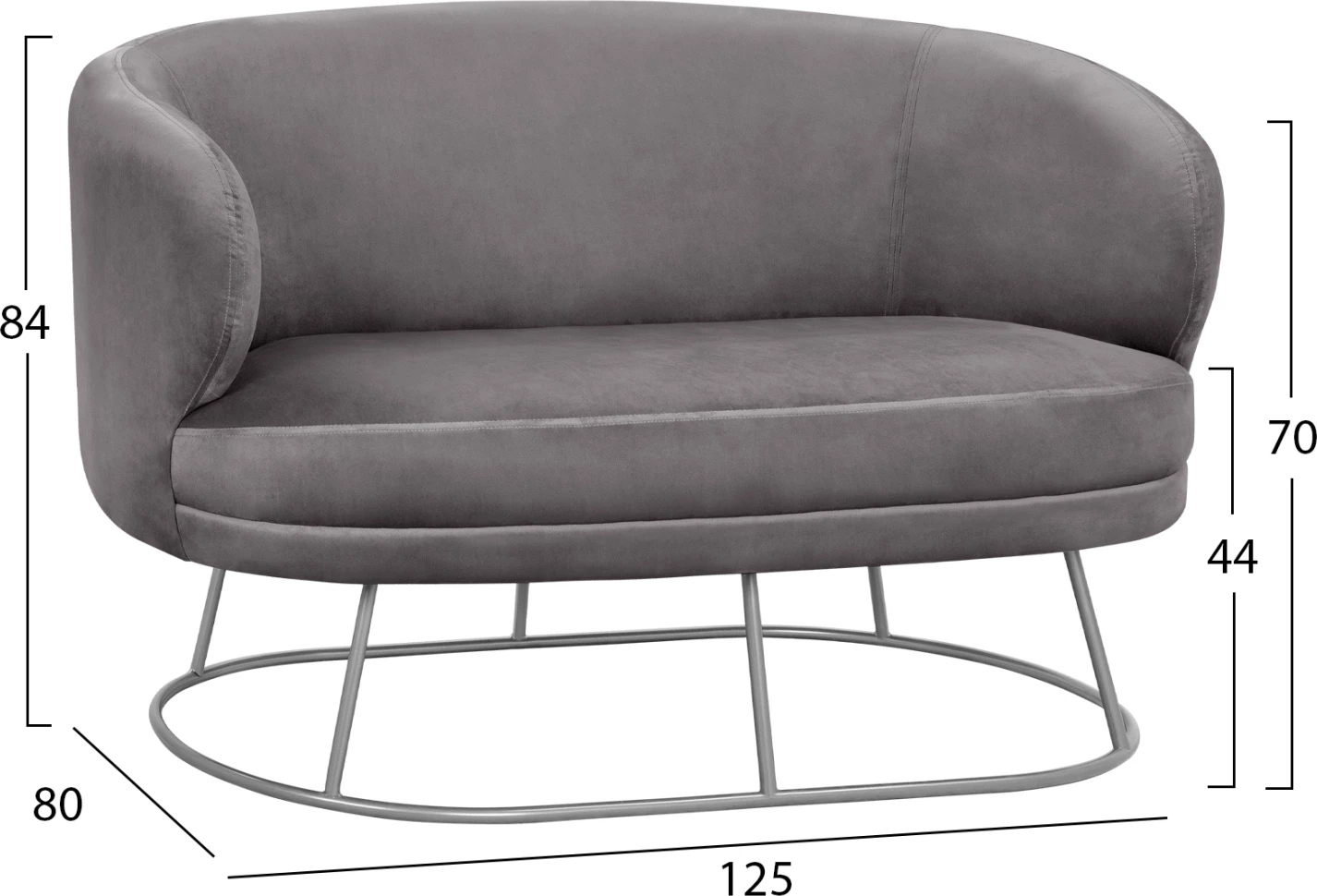 Divan 2 vendësh Arien prej kadifeje Gri me Bazë Argjendi FH8492.01 125Χ80Χ84cm