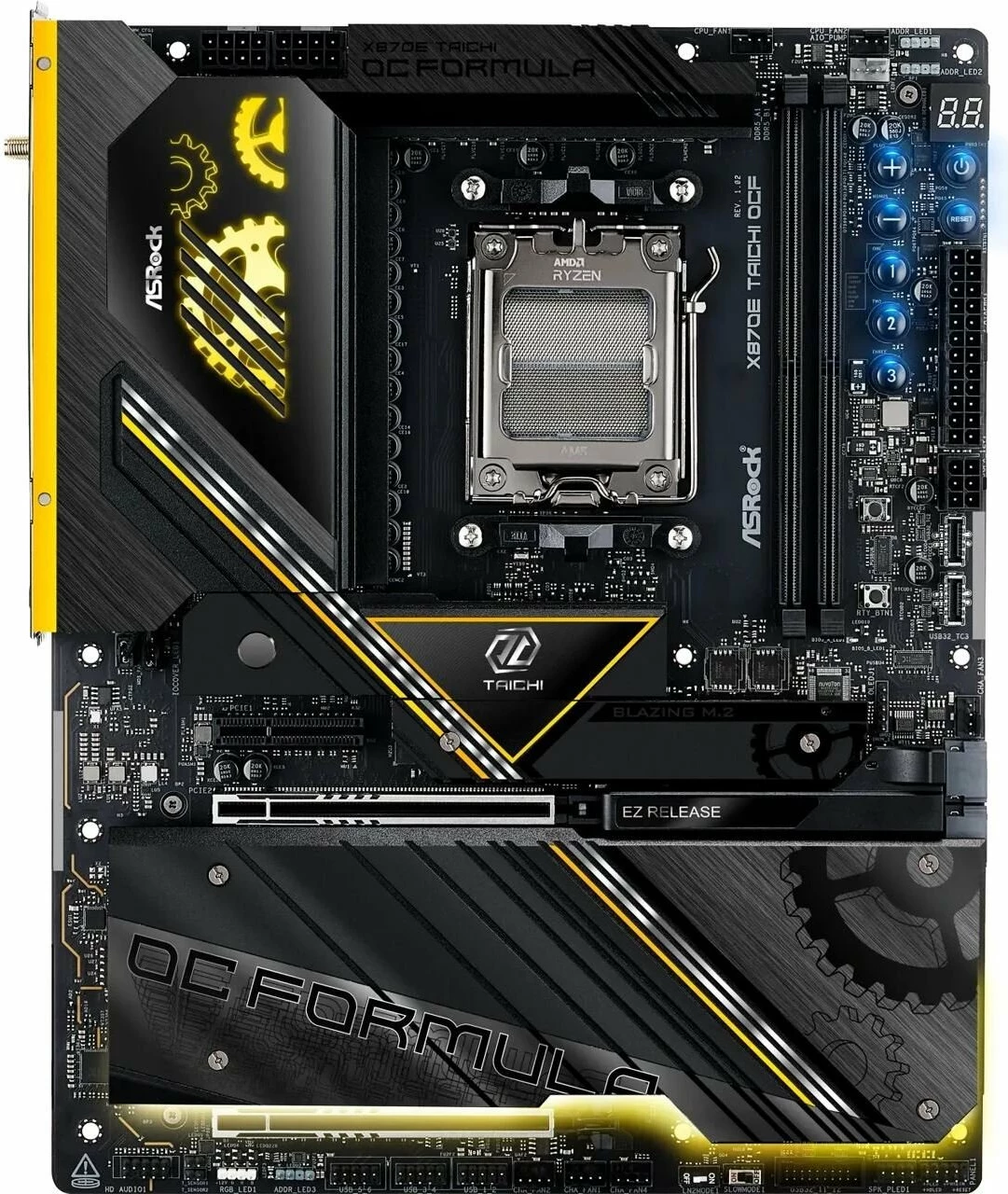 Pllakë amë ASRock X870E Taichi OCF, AM5, ATX, DDR5 128GB, Wi‑Fi 7, e zezë me detaje ari