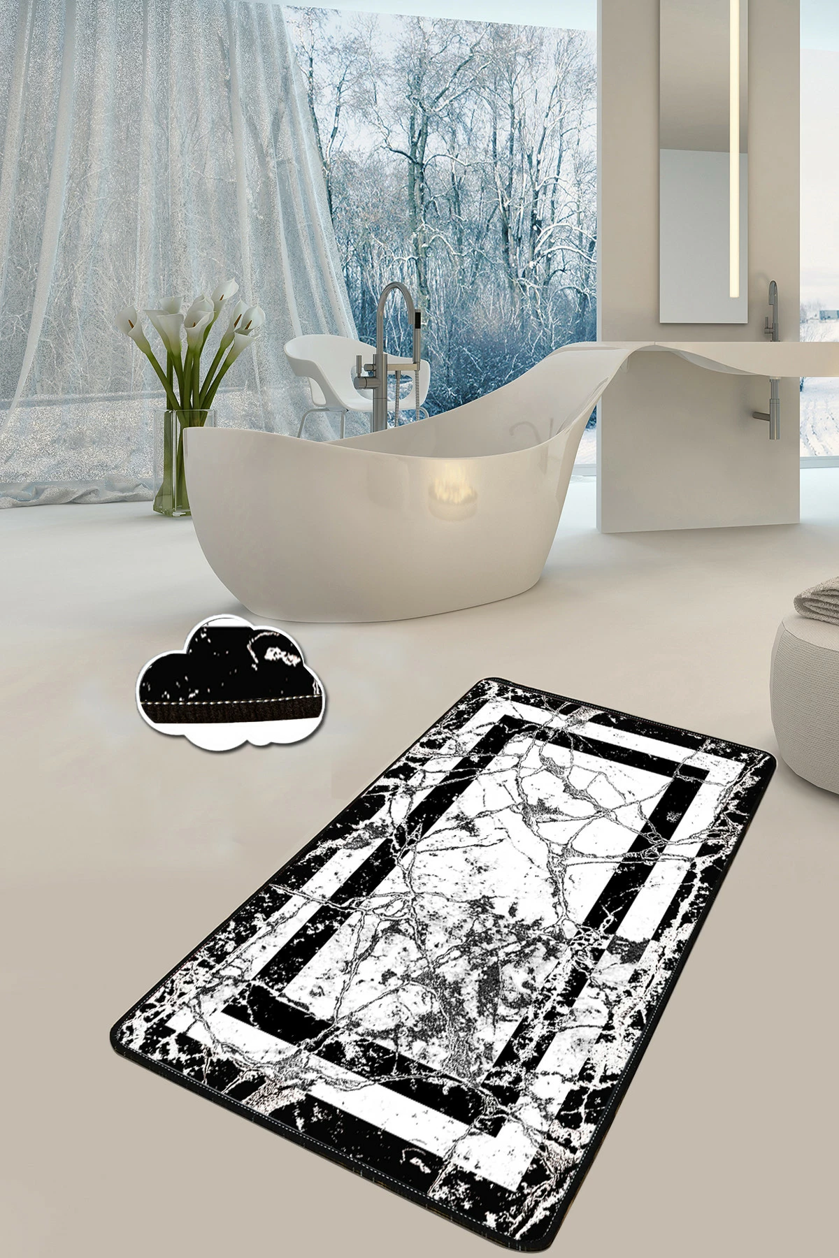 Tapet për banjo, Mijölnir, marmor, e zezë dhe e bardhë, 70x120cm