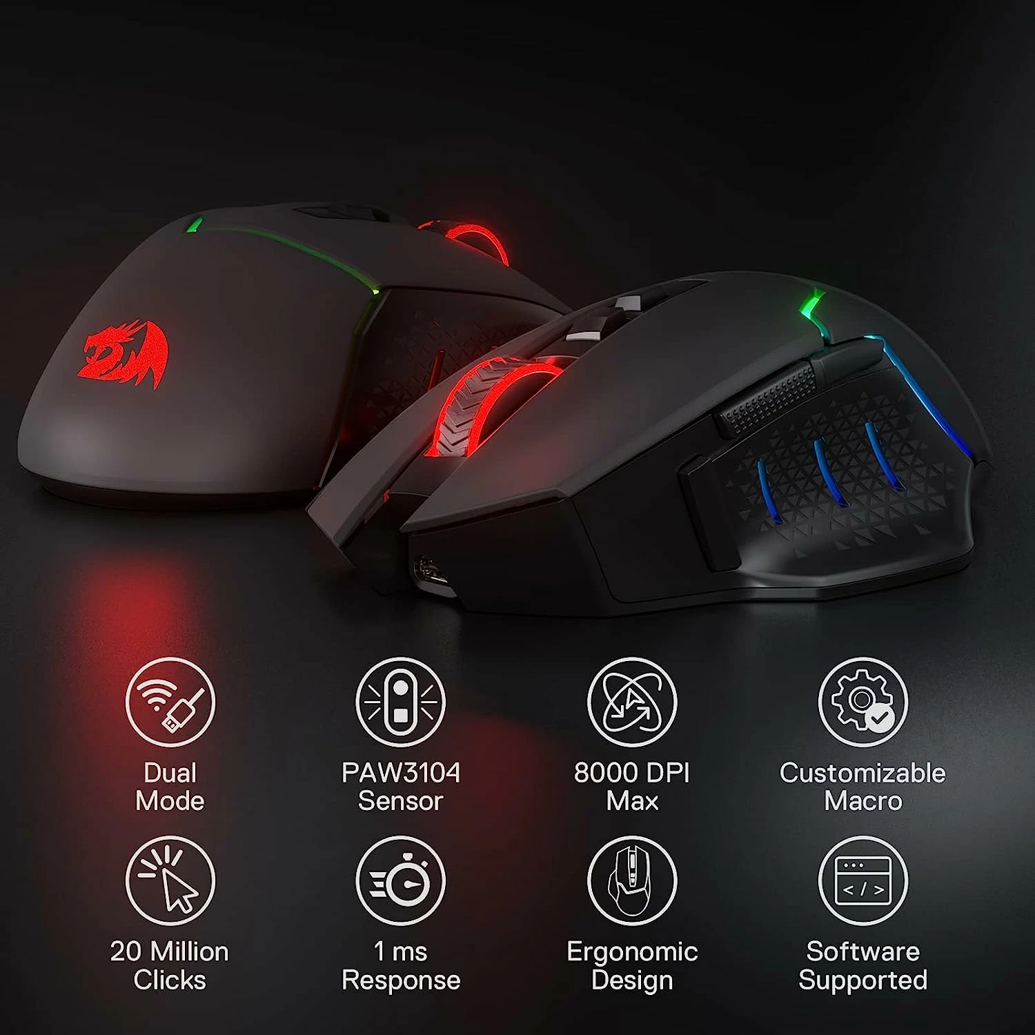 Maus wireless gaming Redragon Mirage M690-PRO 8000 DPI, 8 butona, RGB, i zi