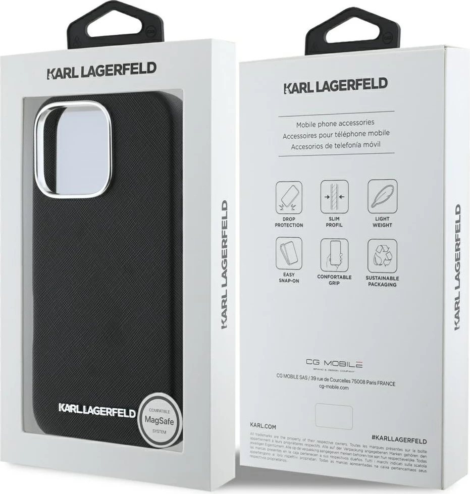 Mbështjellës Karl Lagerfeld Saffiano Full Wrapped Elongated Metal Logo MagSafe për iPhone 16 Pro, Zi
