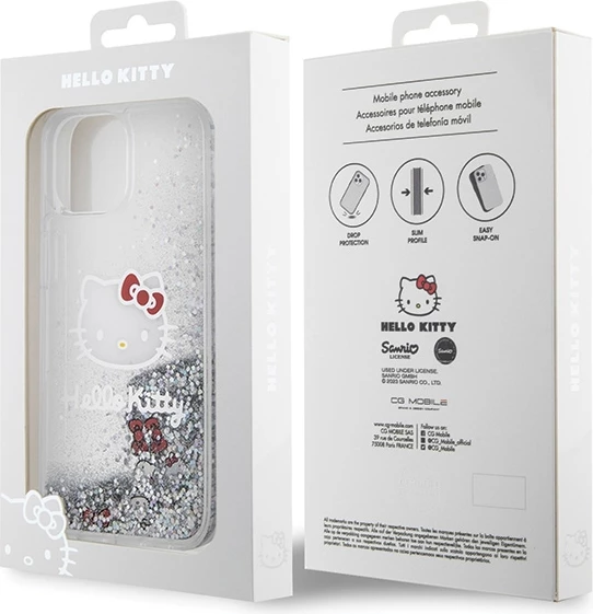 Mbështjellës Hello Kitty Liquid Glitter Charms Kitty Head për iPhone 15, argjend