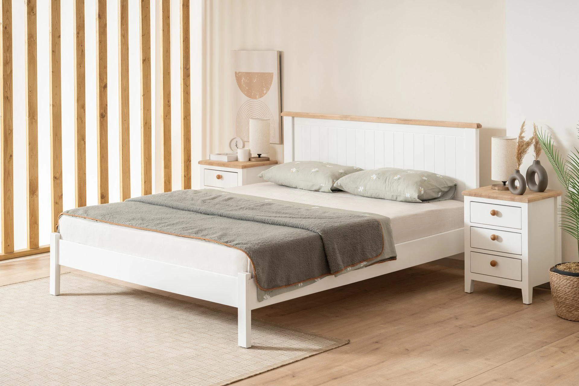 Kornizë dyshe krevati Hanah Home, stil modern country, e bardhë dhe lis, 120x200