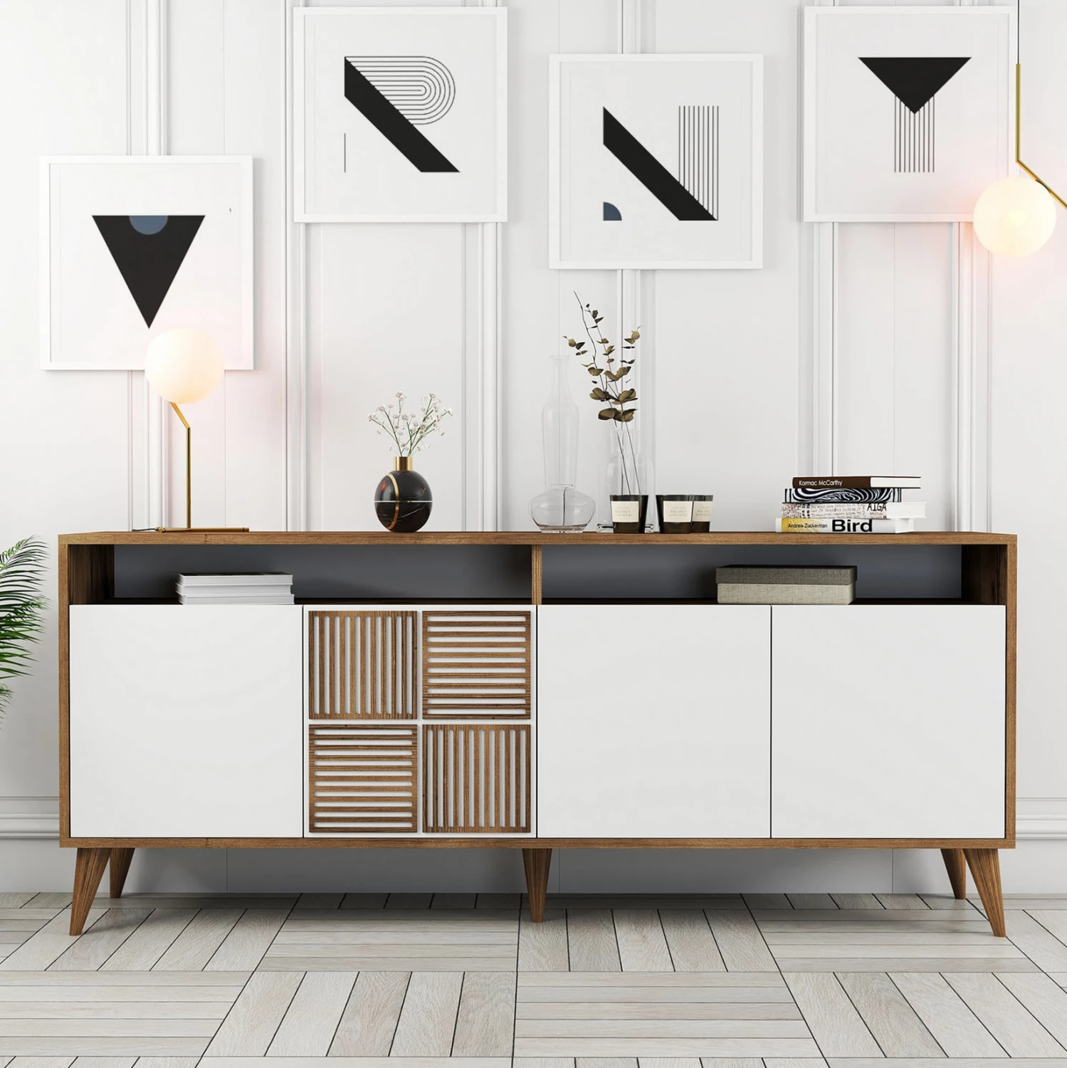 Bufe melamine në ngjyrë arre me dyer të bardha 180x35x78.6Hcm.FH9431.02