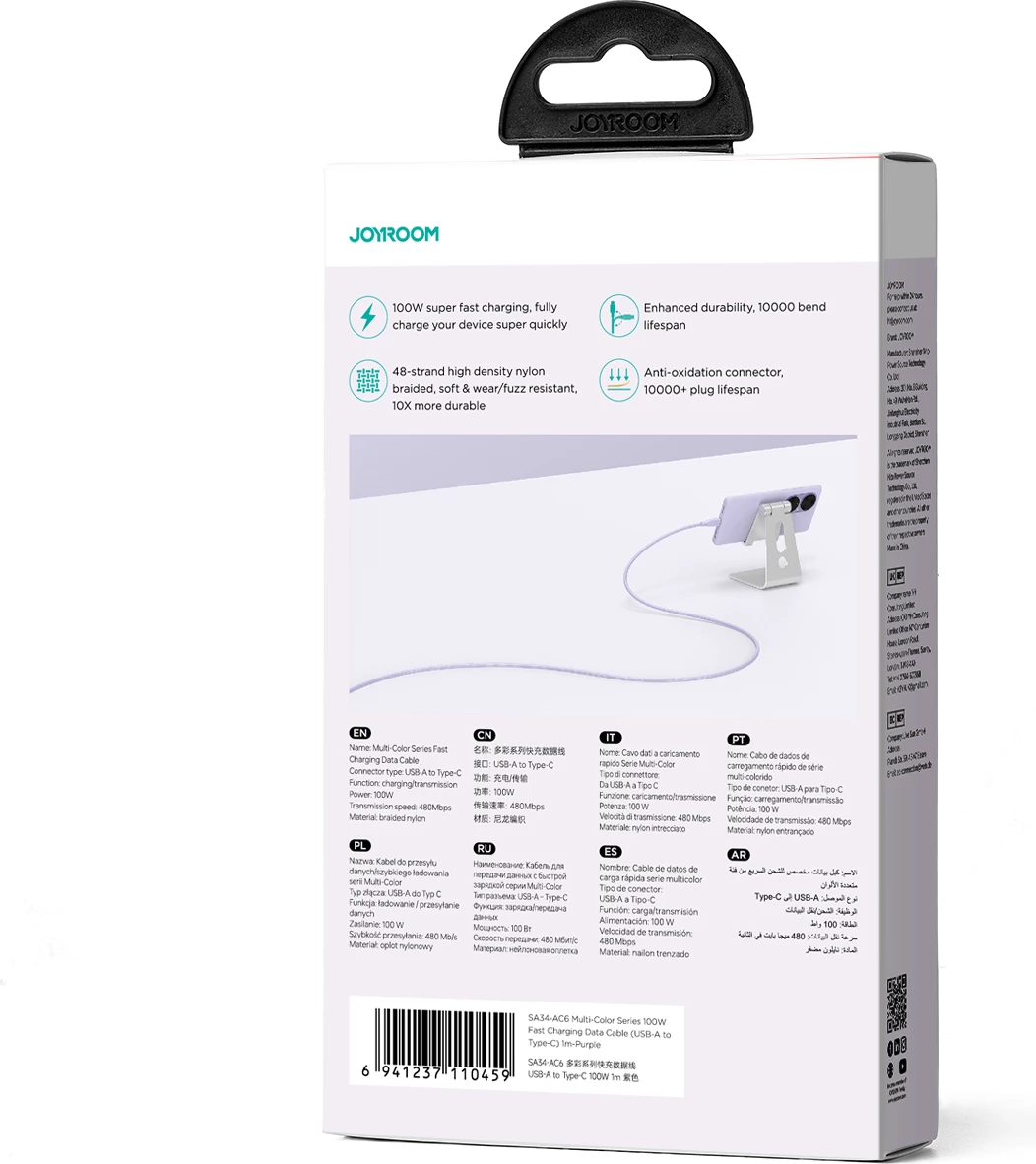 Kabllo Joyroom Multi-Color Series S-A34, USB-A në USB-C, 100W, 1m, Vjollcë