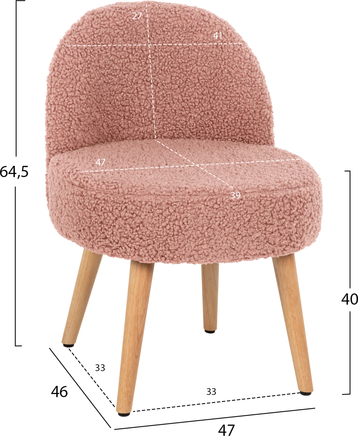 Karrige YASMINE FH8395.22 me shpinë të ulët, stof boucle ngjyrë rozë e zbehtë, këmbë druri, 47x46x64,5 cm