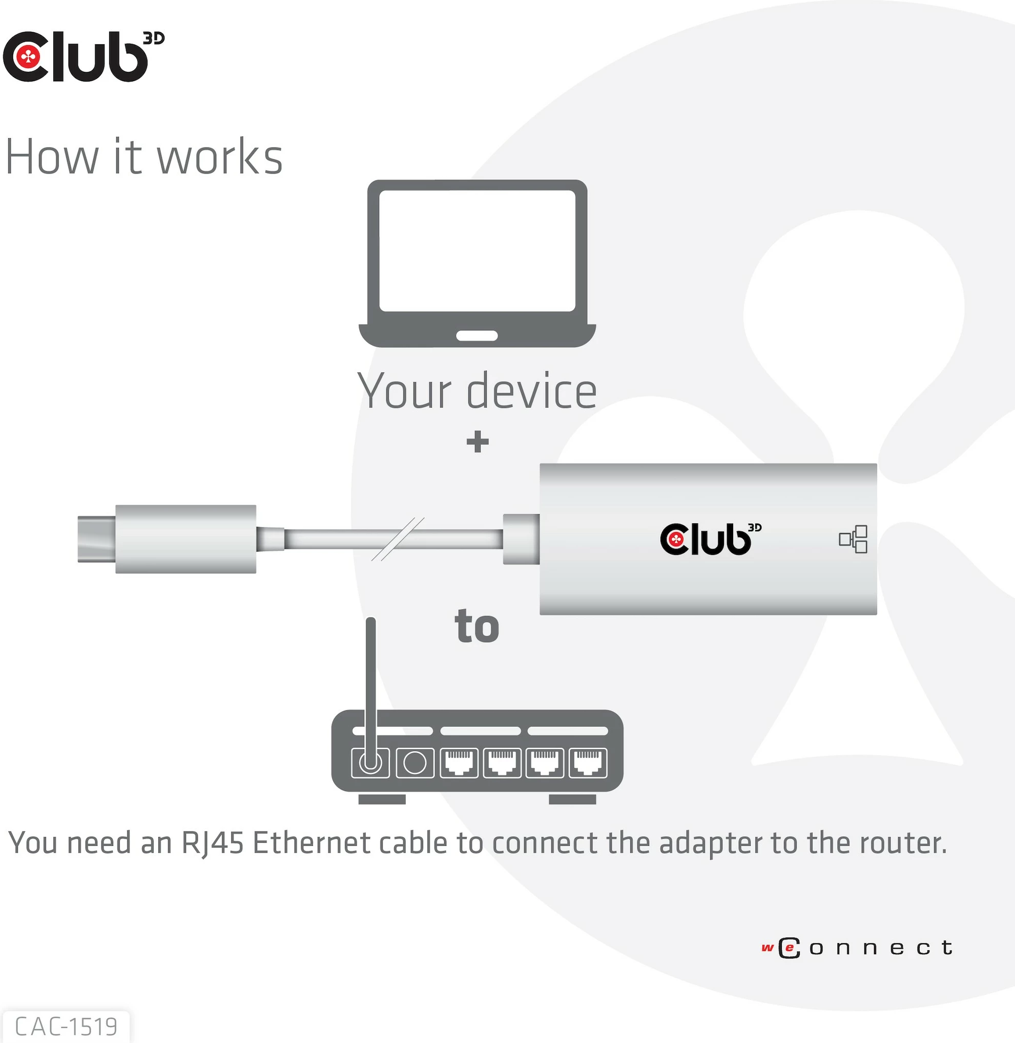 Adapter Club3D USB-C në RJ-45 Gigabit LAN, i bardhë