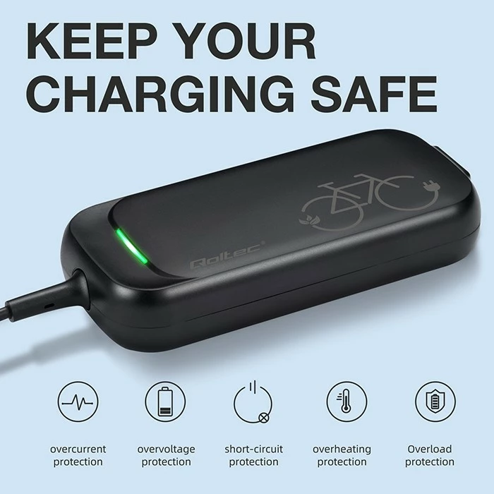 Karikues biçiklete elektrike Qoltec 50333, 42V 2A, 5.5x2.5mm, i zi