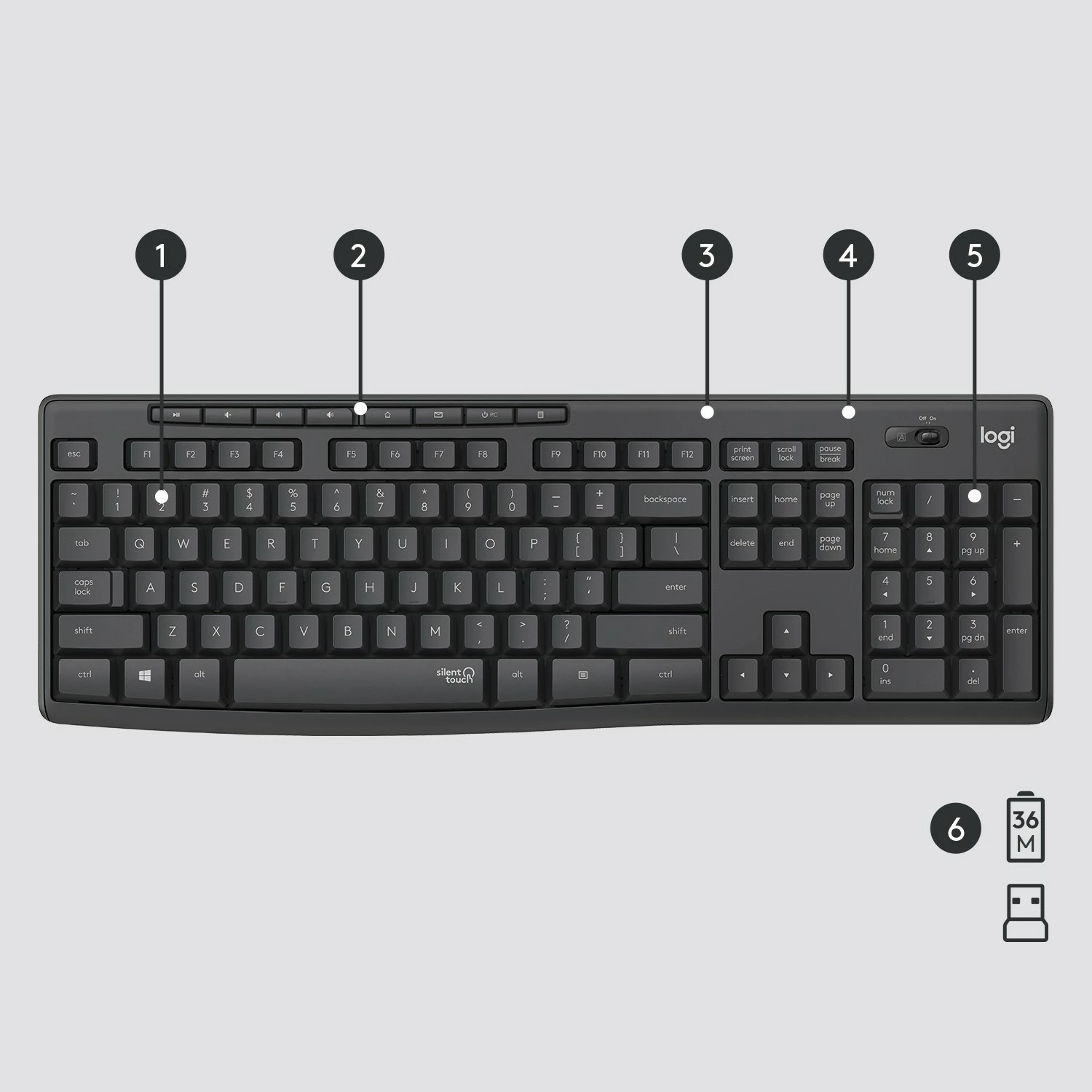 Kombo Logitech MK295 Silent Wireless, Full-size (100%), Wired, USB, QWERTY, Grafit, Maus i përfshirë