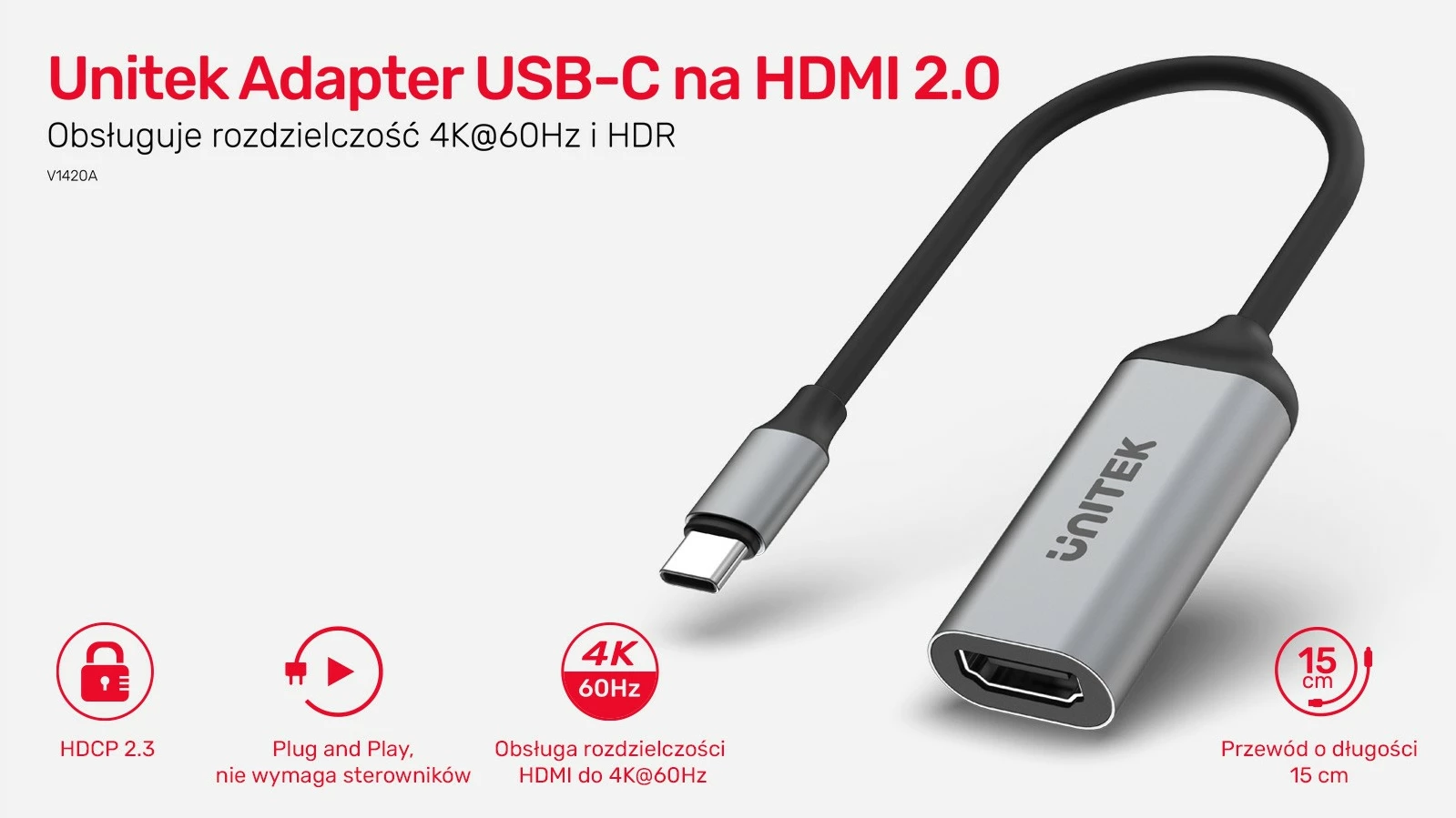 Adapter Unitek V1420A USB-C në HDMI 2.0, 4K 60Hz, Gri/Argjend