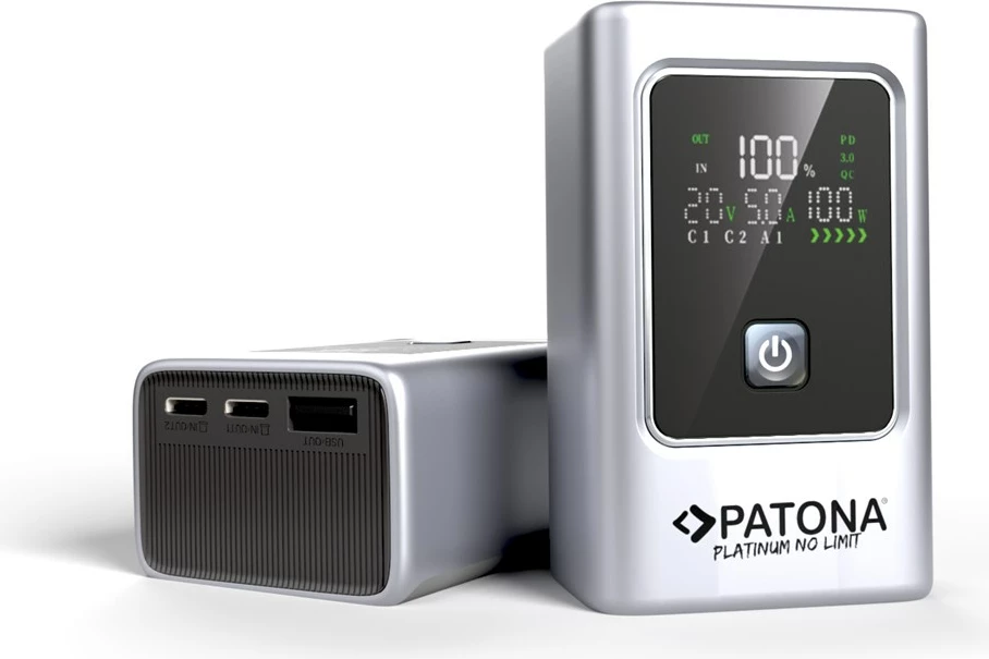 Powerbank PATONA Platinum Powerbank Luxury One PD35, 10000mAh, PD 35W, USB-C + USB-A, Argjendtë, Zi