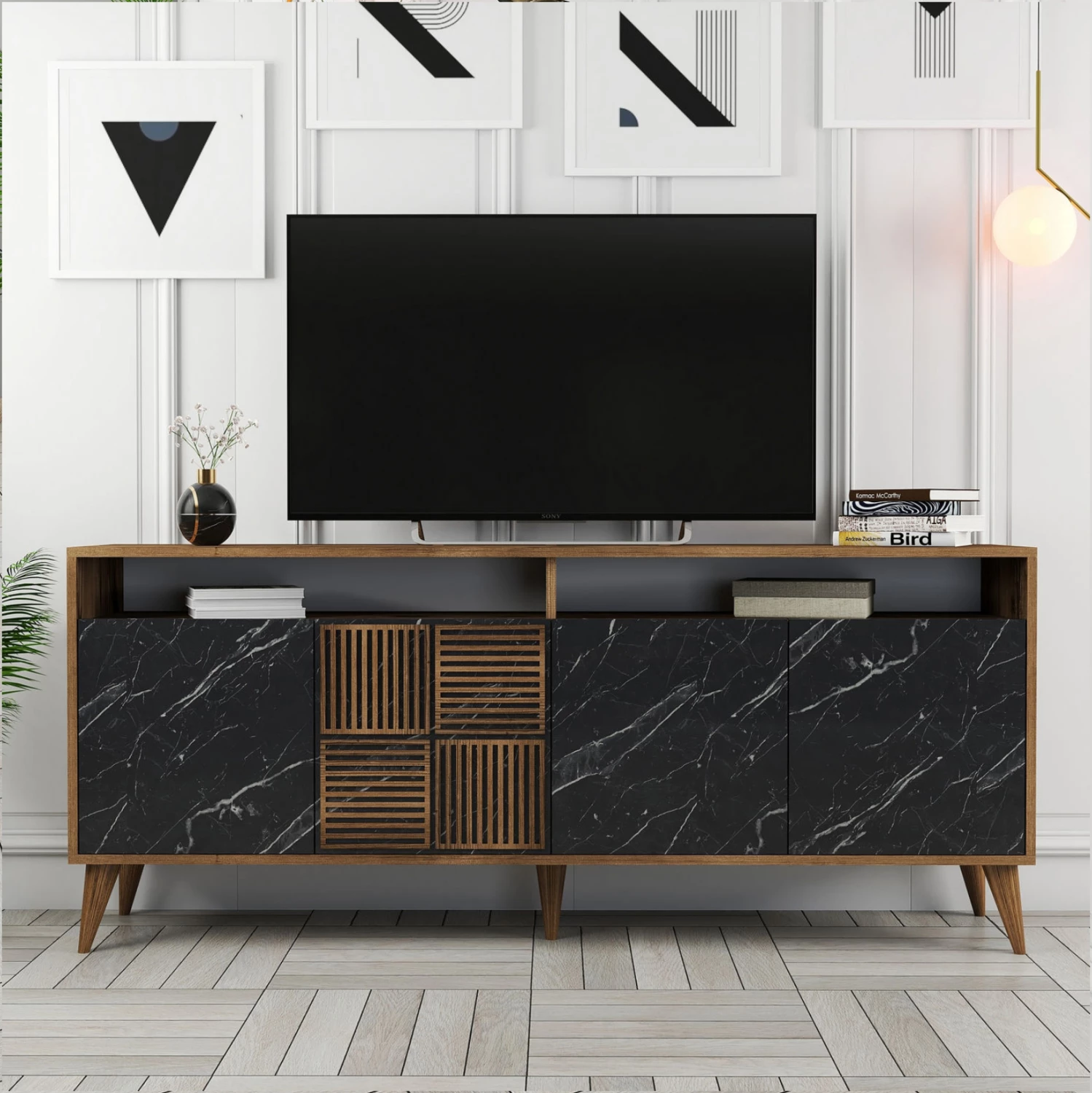 Bufe melamine FH9431.05 ngjyrë arre me dyer pamje mermeri të zi 180x35x78.6H cm