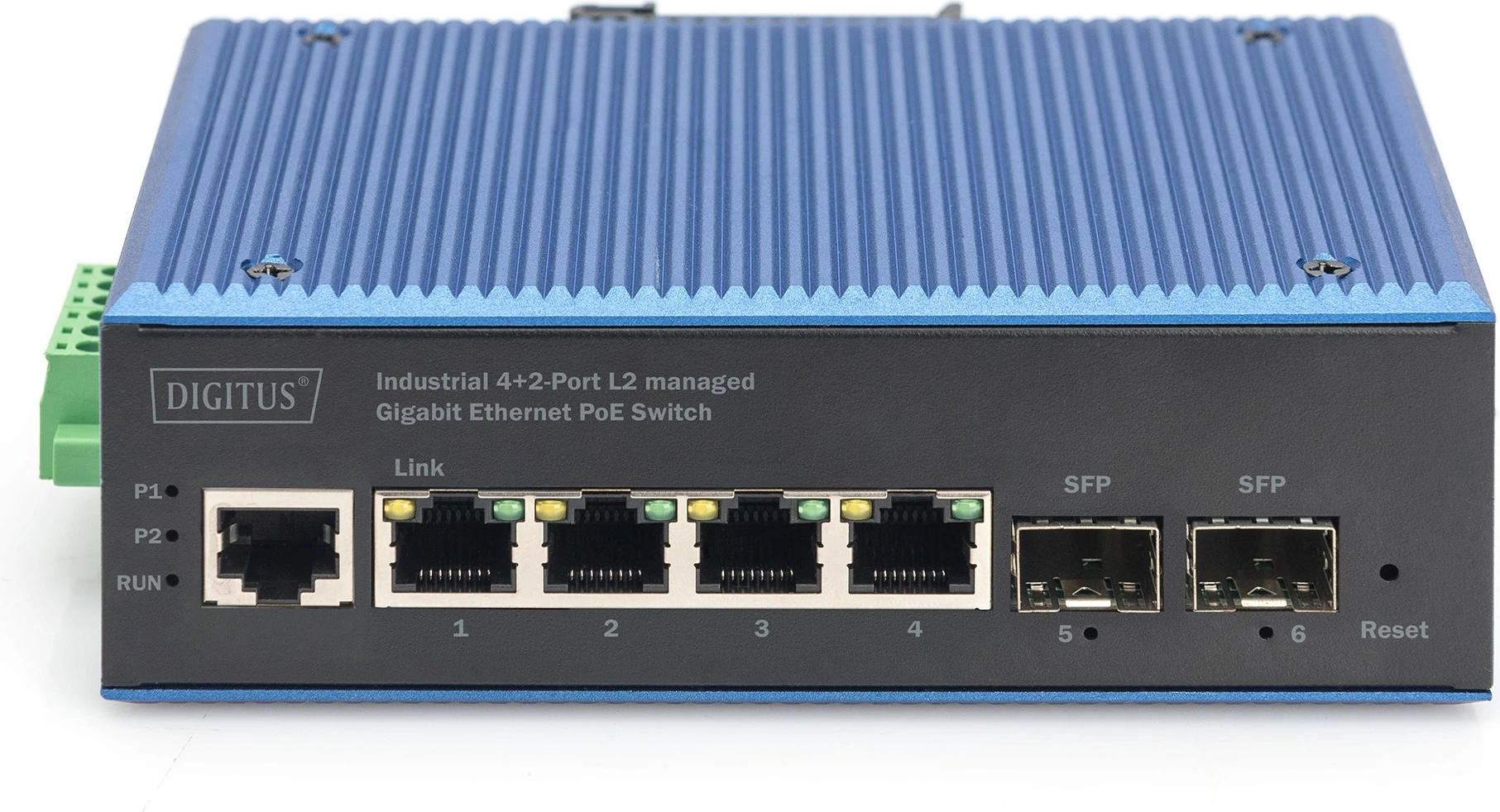 Switch industrial Digitus DN-651155, 4x RJ45 GE PoE, 2x SFP, menaxhueshëm, IP40, metalik