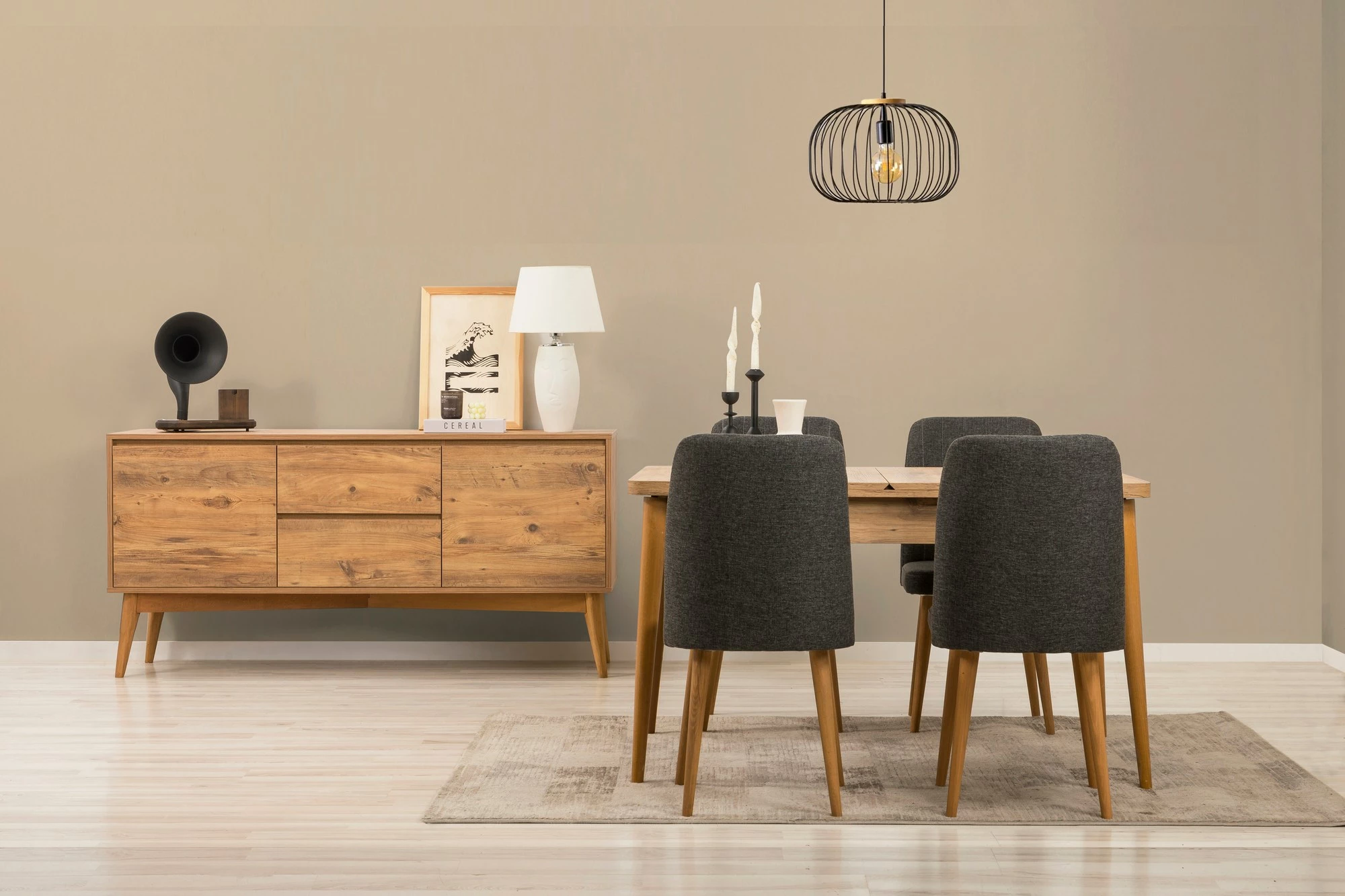 Set tavoline me karrige dhe konsol, zgjatshme, 6 pjesë, Skye Decor, Vina 01 1053, ngjyrë Atlantic Pine, antracit