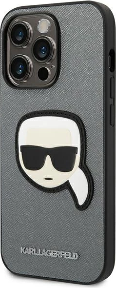 Mbështjellës Karl Lagerfeld KLHCP14LSAPKHG për iPhone 14 Pro 6.1", Saffiano Karl's Head Patch, argjendtë