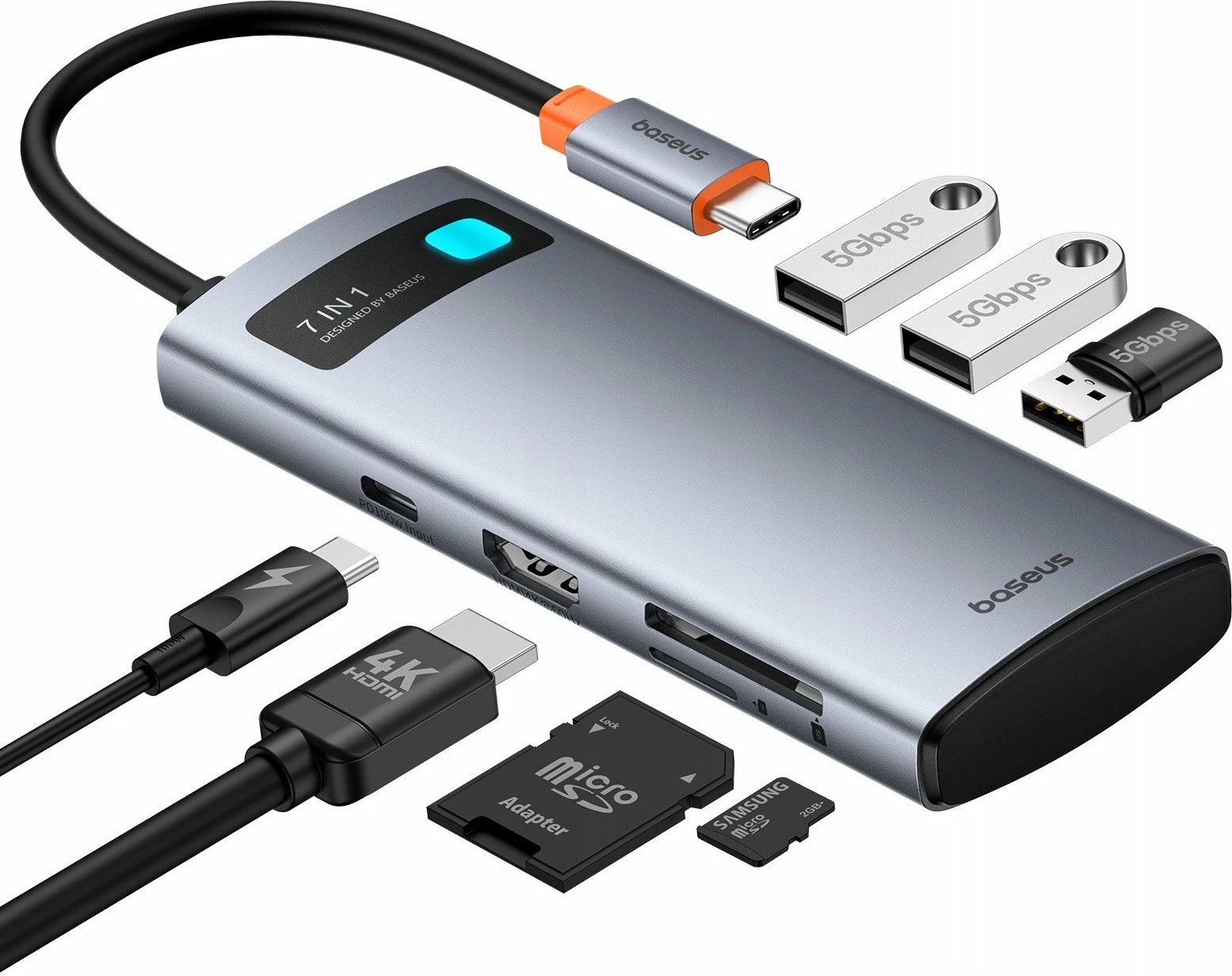 Hub USB-C Baseus Metal Gleam 7n1, HDMI 4K@60Hz, 3x USB 3.0, USB-C PD 100W, SD/microSD, gri