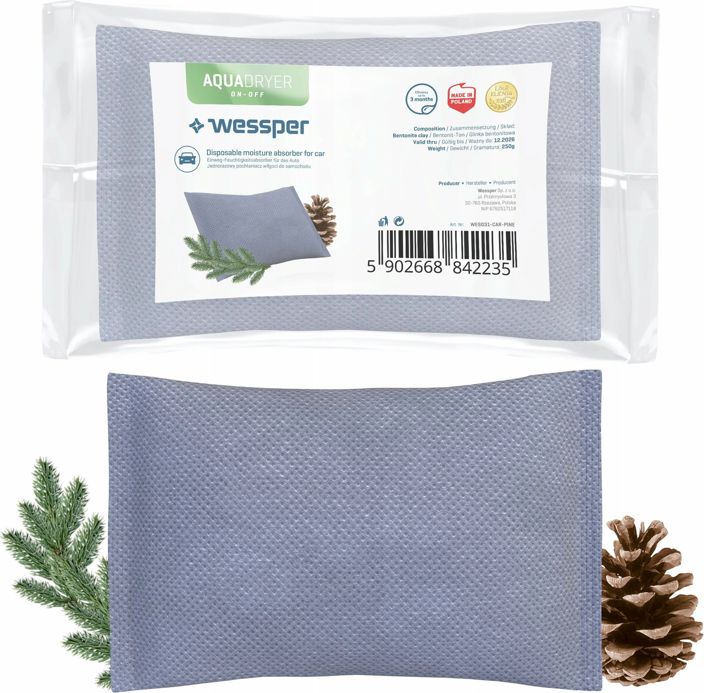 Absorbues lagështie për veturë Wessper Aquadryer One-Off Pine WES031-CAR-PINE 250 g, aromë pishë, gri, 1 copë