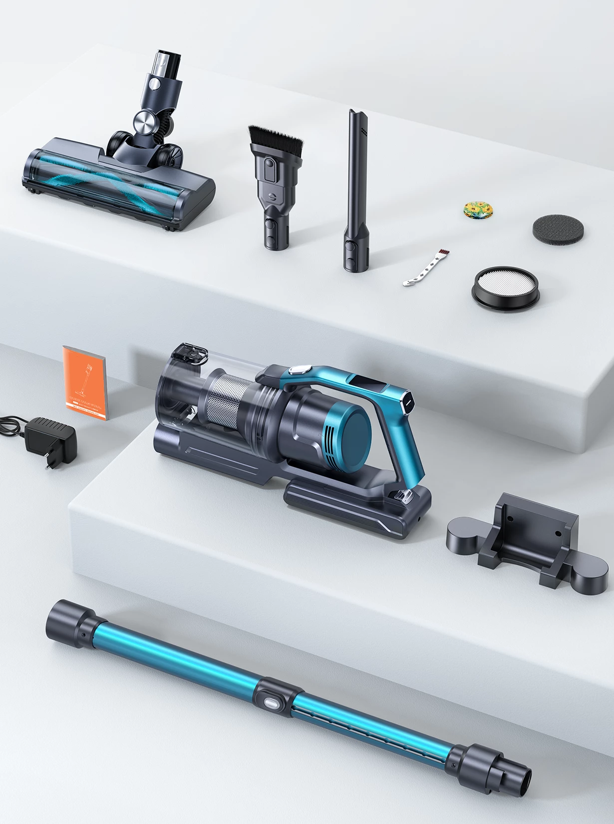 Fshesë me korent pa kabllo Honiture/Buture VC60 450W, 38000Pa, OLED, 1.5L, HEPA, deri 55min, set me aksesorë, blu/turkeze