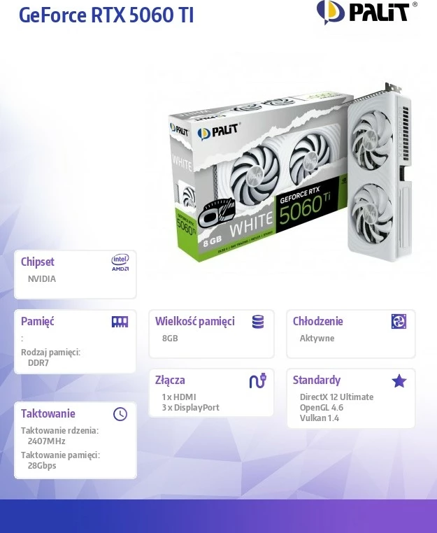 Kartelë grafike Palit GeForce RTX 5060 Ti WHITE OC, 8GB GDDR7, 128bit, 3DP/HDMI, e bardhë