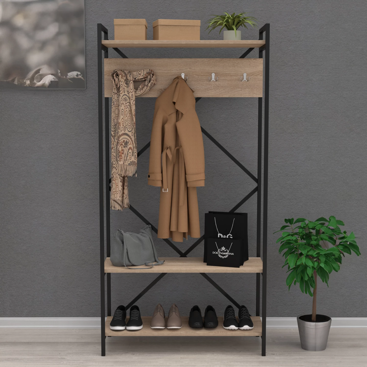 Mobilje hyrëse NAVIS FH18188 melaminë, kornizë metalike e zezë, 90x34x180H cm