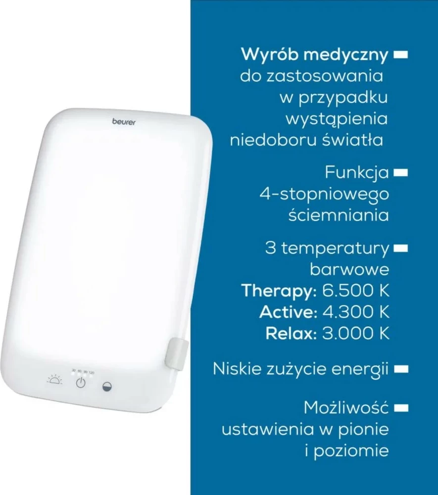 Lampë dite/terapie me dritë, Beurer TL35, 10 000 lx, sipërfaqe 14×20 cm, 3 temperatura ngjyre, dimmer 4 nivele, timer 30–120 min, e bardhë