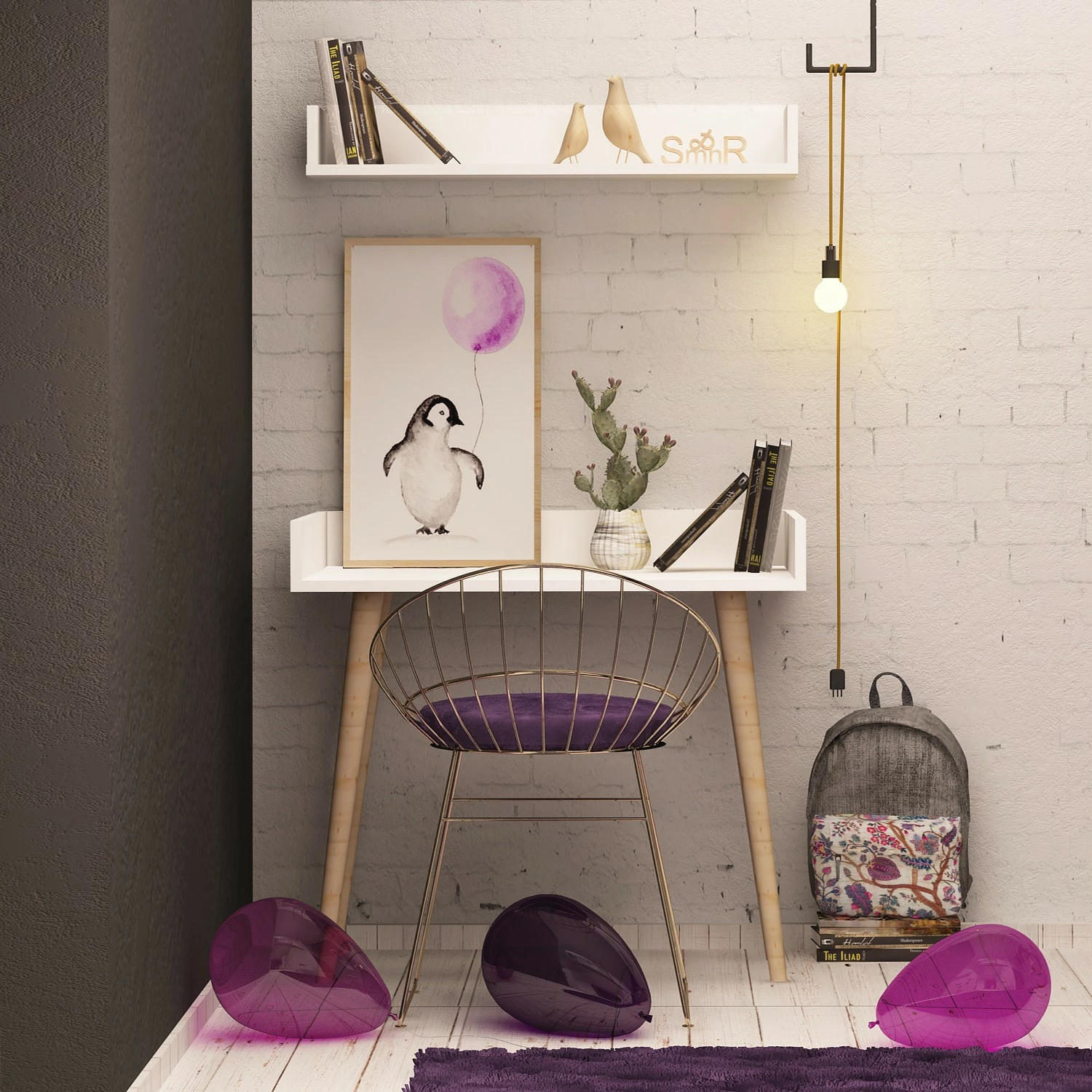 Tavolinë pune moderne me raft muri, e bardhë, Skye Decor, Ballony