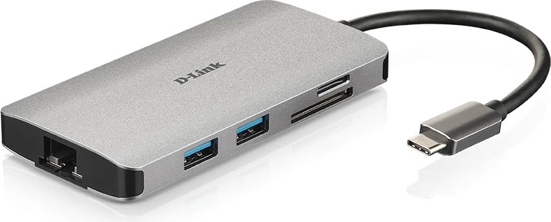 Hub USB-C D-Link DUB‑M810, 8‑në‑1, HDMI/Ethernet/Card Reader/Power Delivery, Alumin, Argjendtë