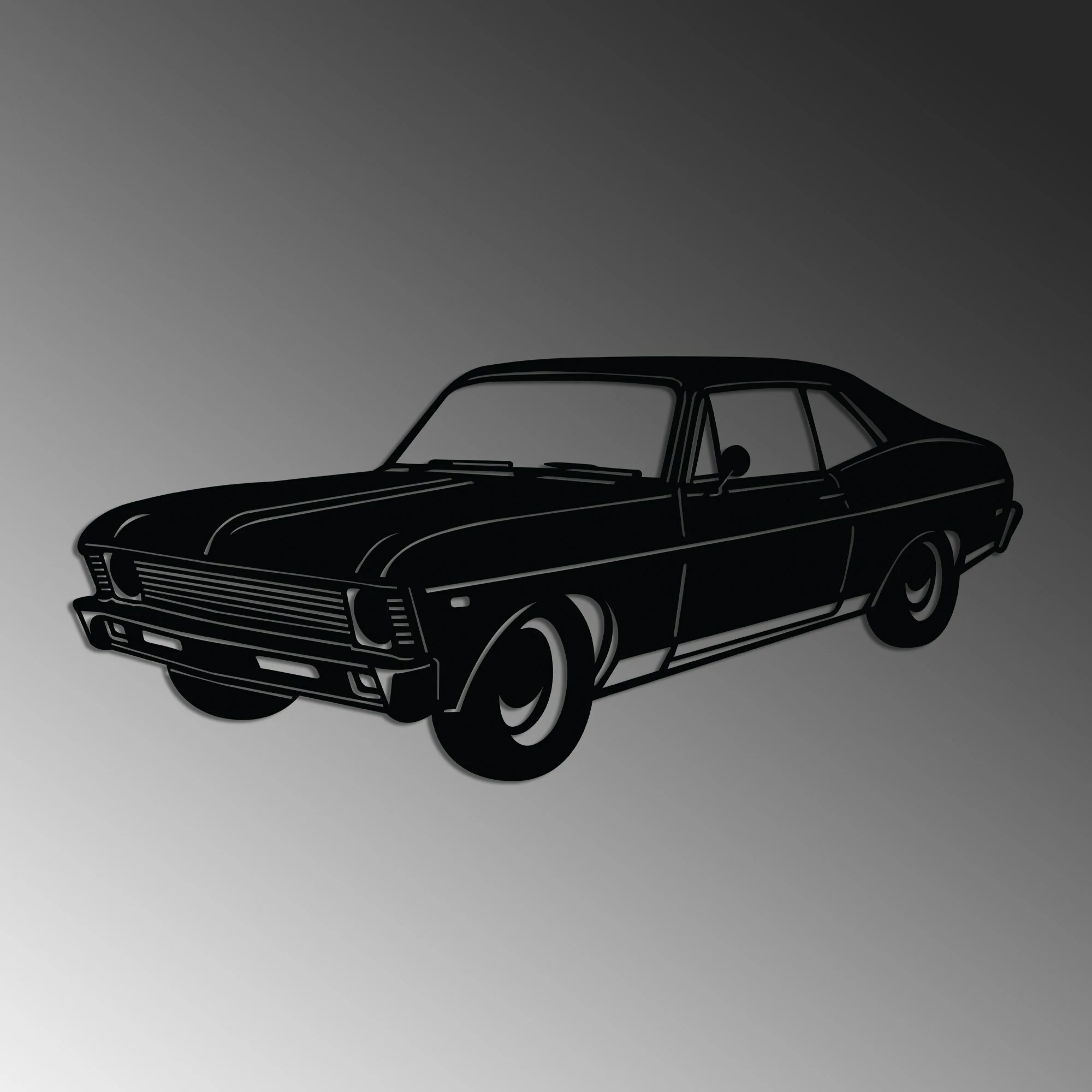 Aksesor dekorativ metalik për mur, Chevrolet Nova 1972, sedan klasik, ngjyrë e zezë, 60x27cm