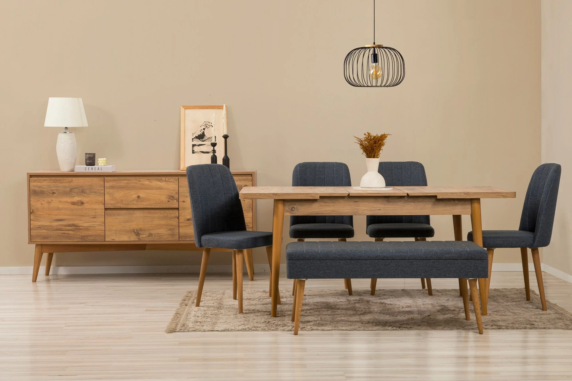 Set tavoline me karrige dhe konsol, zgjatues, 7 pjesë, Skye Decor, Vina 03 1048, ngjyrë pishë atlantike, blu e errët