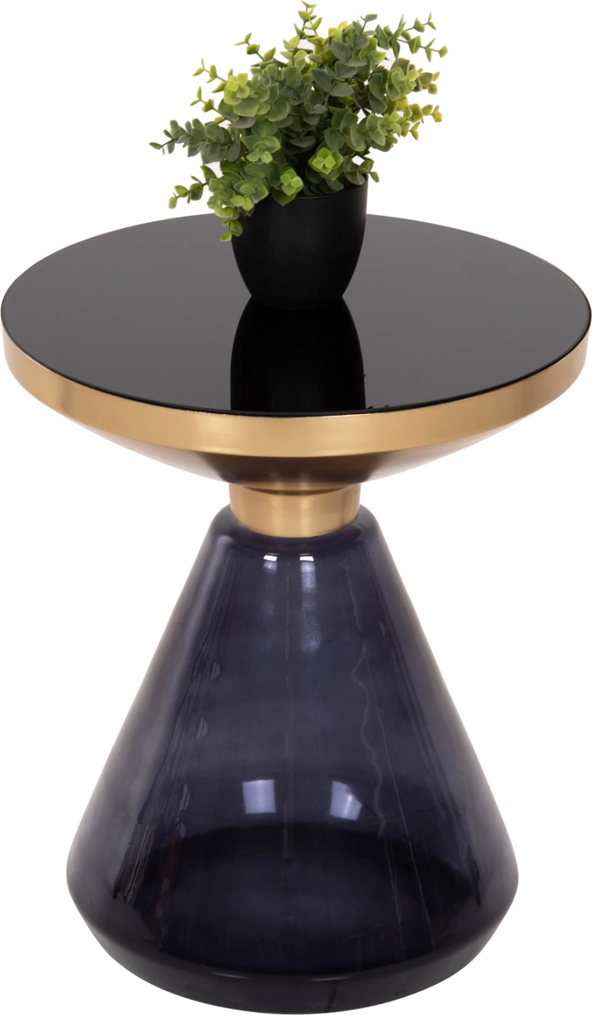 Tavolinë anësore DEMMY, sipërfaqe xhami e zezë & bazë xhami e purpurt, metal në ngjyrë ari, Φ41x48H cm