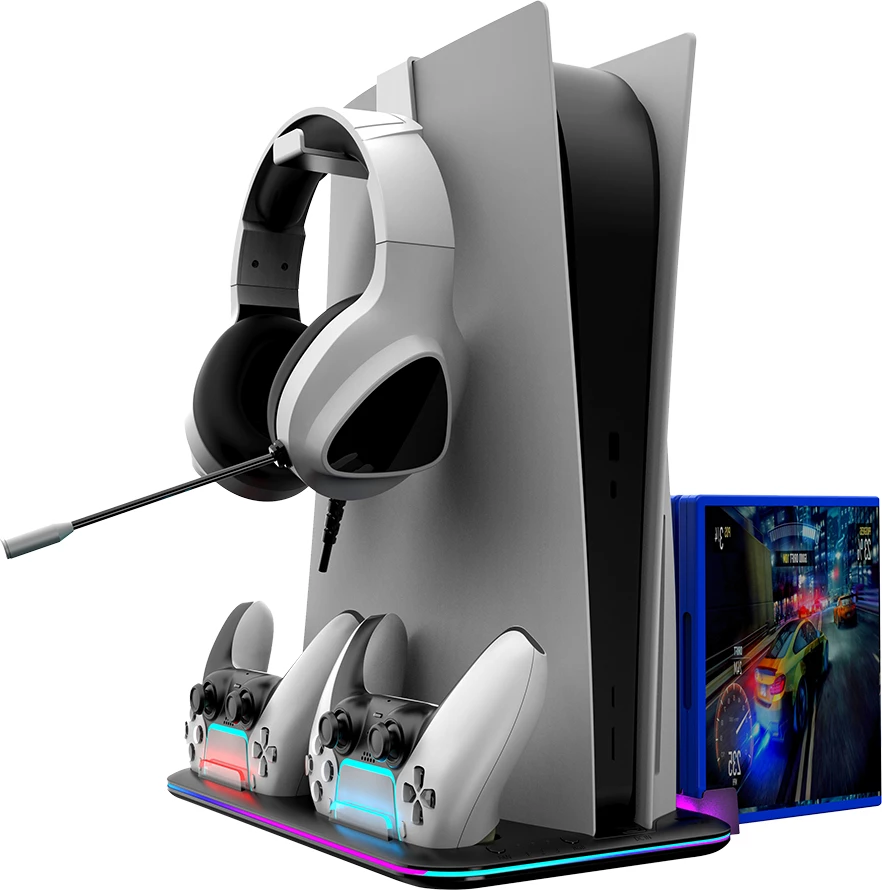 Stendë ftohëse/karikuese CANYON CS-51 RGB për PS5 Slim/Disc/Digital/PS5 Pro, karikim 2 kontrollorë, 5000 RPM, USB-C, e zezë, set me kabllo USB-C dhe mbajtëse kufjesh