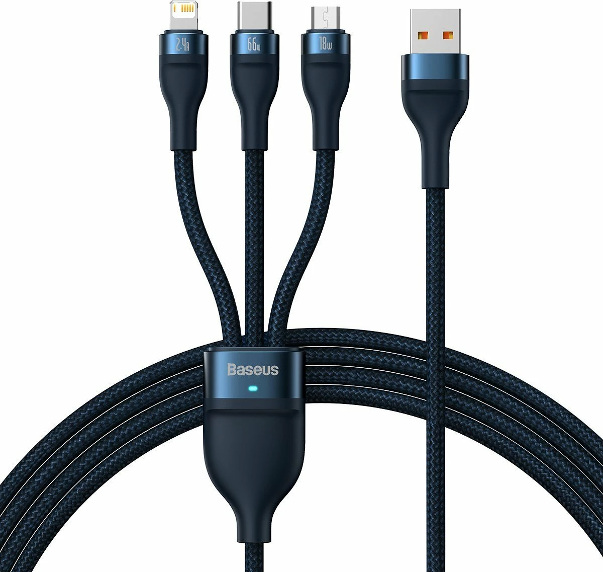 Kabllo USB 3-në-1 Baseus Flash Series II CASS040003 (BSU3888), USB-A në USB-C/Micro USB/Lightning, 1.2 m, 66W, blu