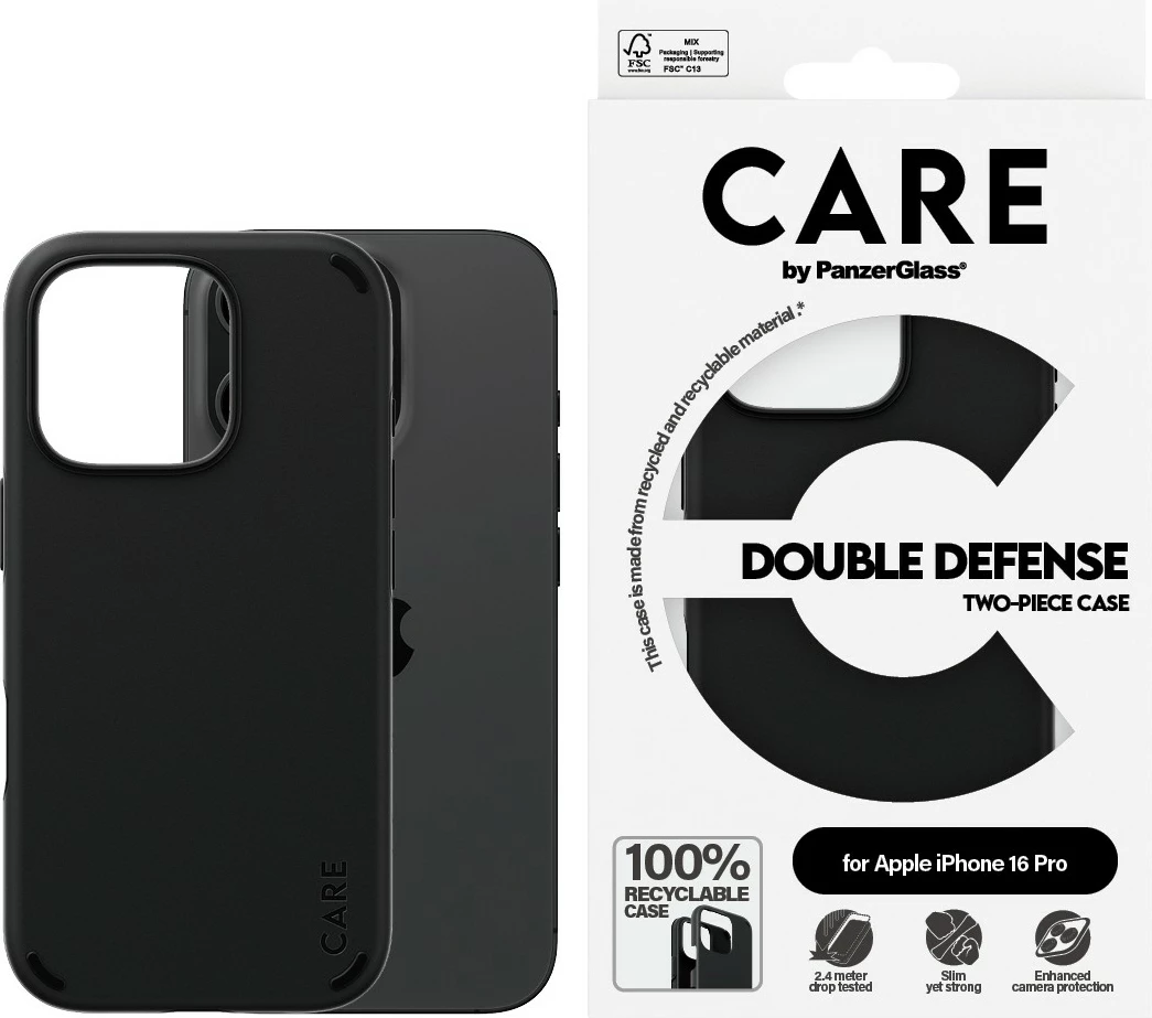 Mbështjellës PanzerGlass CARE Case Double Defence për iPhone 16 Pro, zi