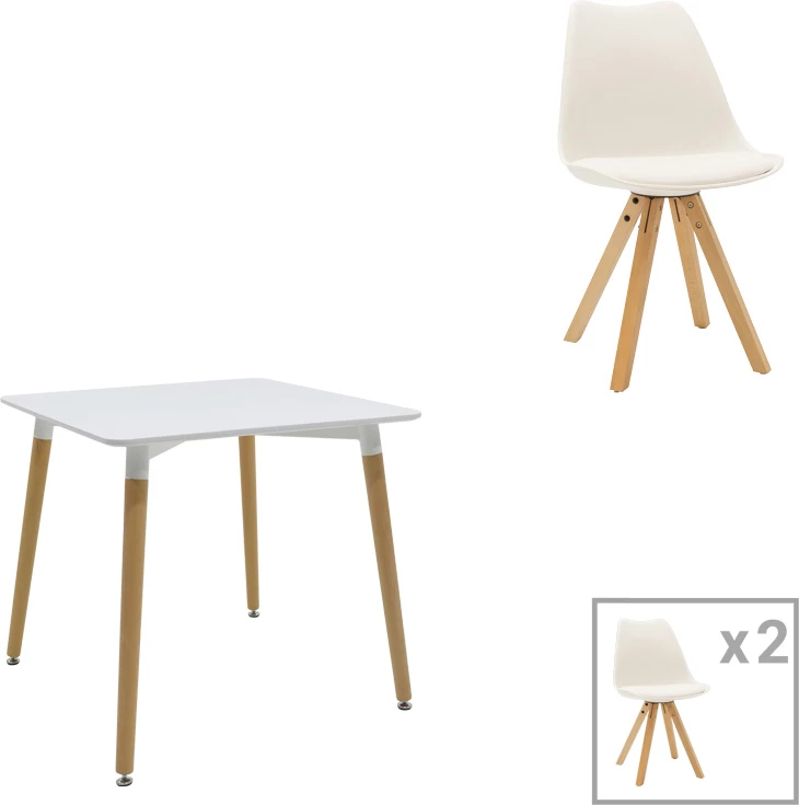 Tavolinë me karrige Natali-Caron, set 3 copë, MDF e bardhë, këmbë natyrale, 80x80x76cm