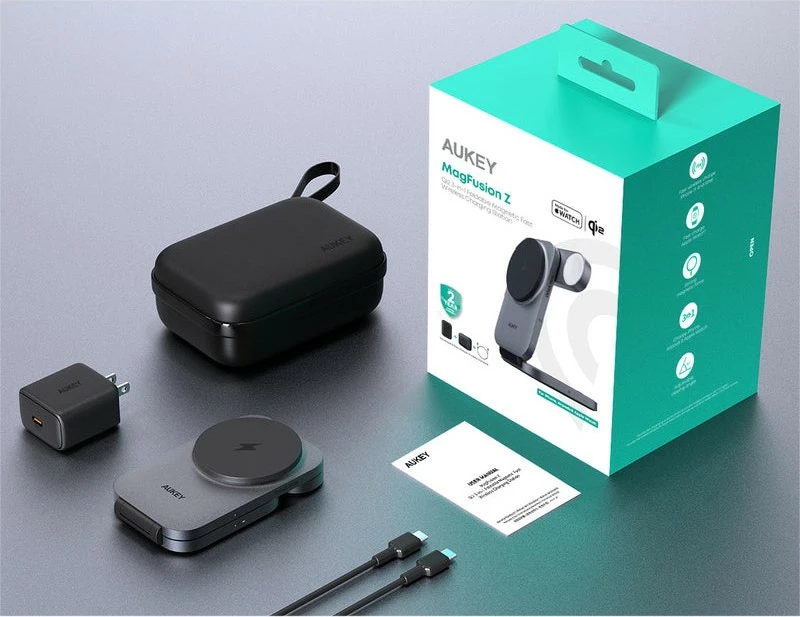 Karikues wireless 3-në-1 AUKEY LC-MC312 MagSafe Qi2, 15W + Karikues PD 30W, Gri, me etui