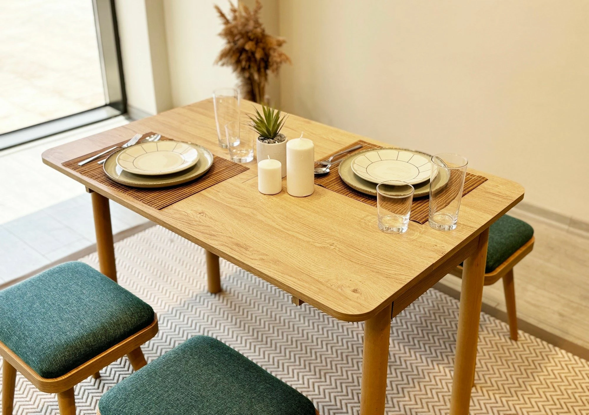 Set tavoline me karrige, zgjatshme, 6 pjesë, Skye Decor, Vina Mini 06 1070, ngjyrë lis, e gjelbër