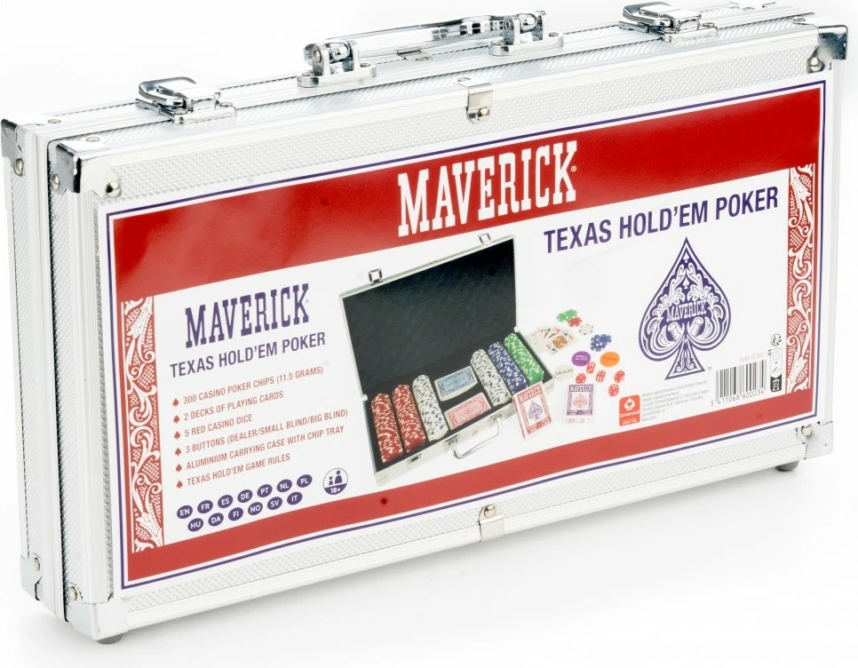 Set poker Cartamundi Maverick, 300 çipsa, 2 kuverta letrash, 5 zara, multingjyrësh, me kasë alumini