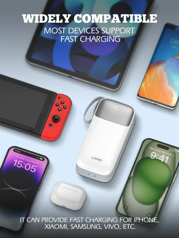 Power bank LDNIO PQ30 30000mAh 22.5W me kabllo të integrume USB-C/Lightning, 2 porta USB, e bardhë
