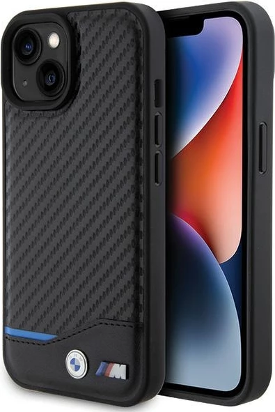 Mbështjellës BMW Leather Carbon për iPhone 15, i zi