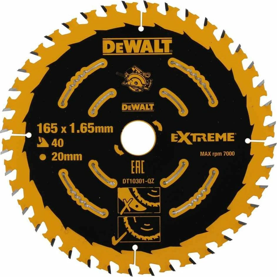 Disk sharrë rrethore DeWalt DT10301-QZ, 165 mm, vrimë 20 mm, 40 dhëmbë, trashësi 1.6 mm, për dru, e zezë/verdhë