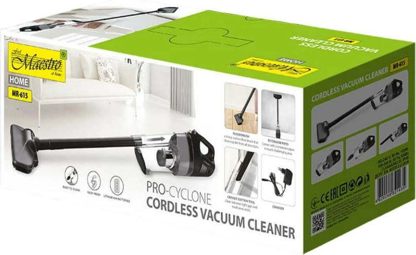 Fshesë me korrent vertikale pa kabllo 2‑në‑1, Feel-Maestro, MR-615, 100W, 6.5 kPa, 0.5 L, 20 min, karikim 3h, ciklon pa qese, e zezë