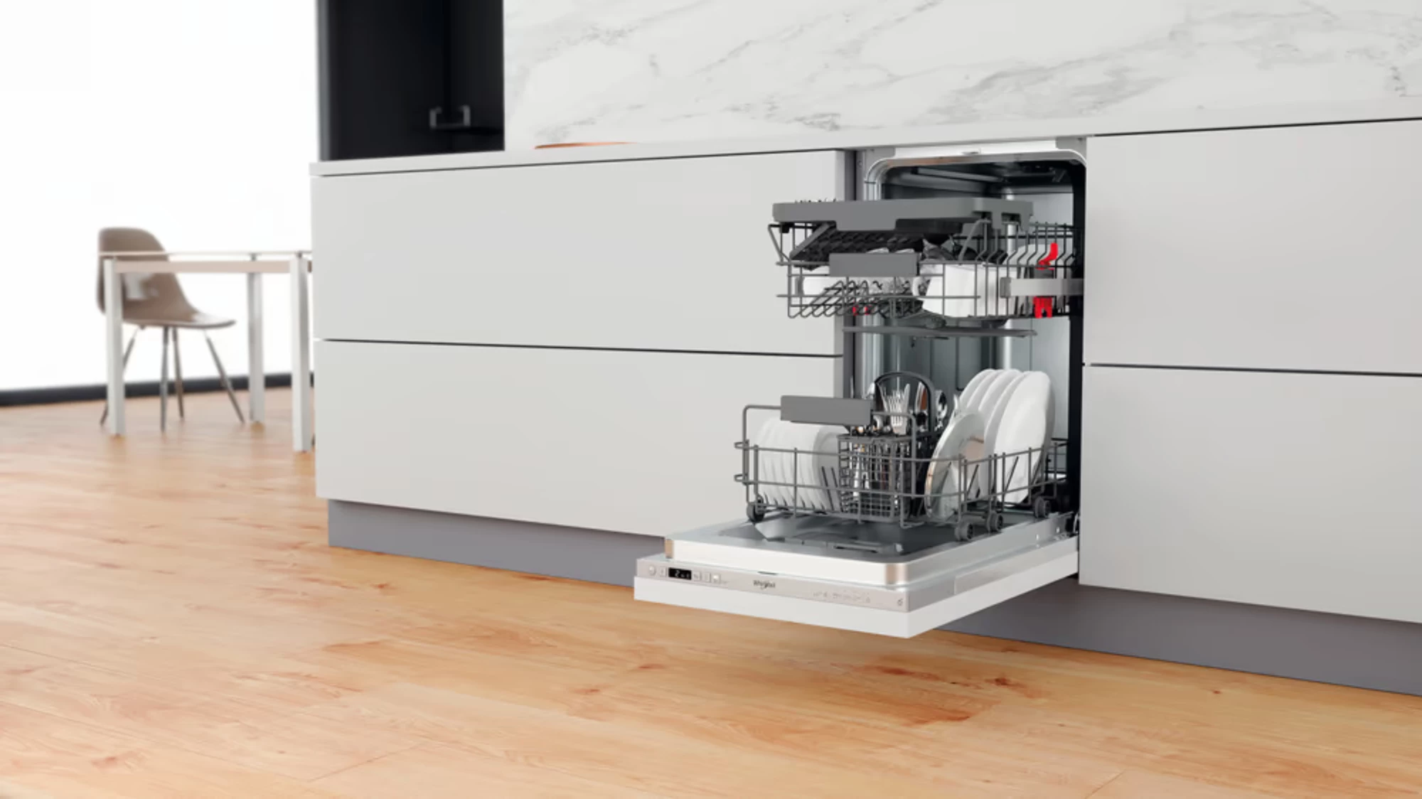 Enëlarëse e integruar plotësisht Whirlpool WSIC 3M27, 45 cm, 10 servise, klasa E, 6th Sense, FlexiSpace, argjendtë