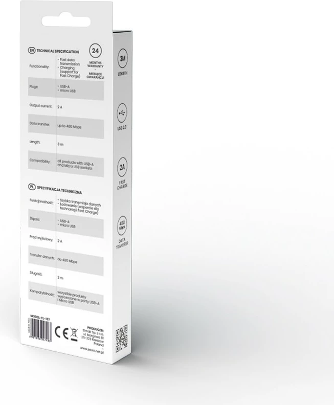 Kabllo USB-A në micro USB Savio CL-167, 3m, Bardhë