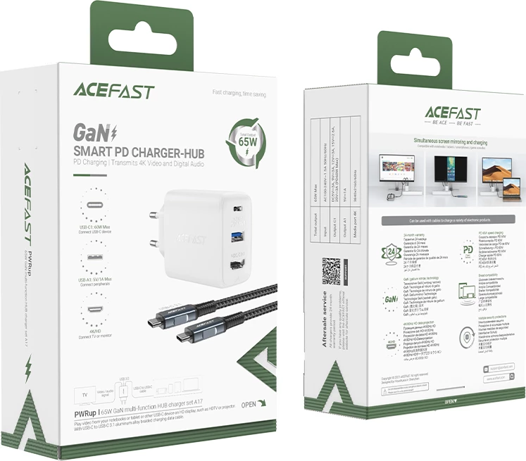 Karikues 2-në-1 Acefast A17, 65W, USB Type C/USB-A, HDMI 4K, me kabllo, Bardhë