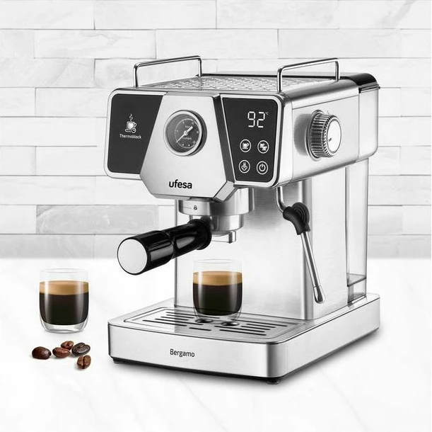 Aparat espresso UFESA Bergamo 20 bar, Thermoblock, manometër, frother qumështi, touch control, për kafe të bluar, argjend