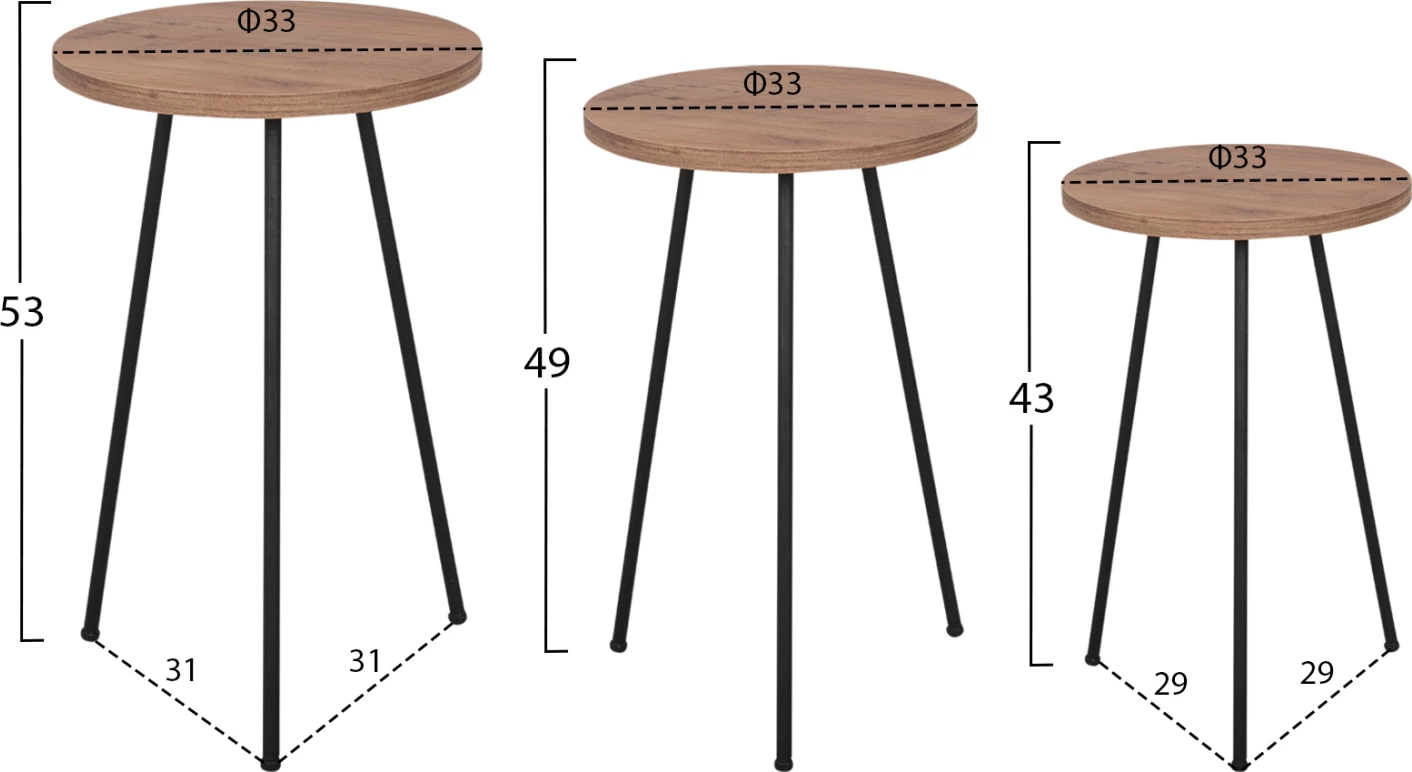 Set tavolina anësore të rrumbullakëta KISSA FH18174.04 melaminë ngjyrë druri natyral-këmbë metali të zeza